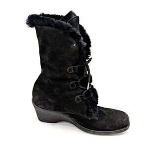 Maxine of Canada Angora Rabbit Fur WEDGE Heel Boots Size 6 M - Black Leather